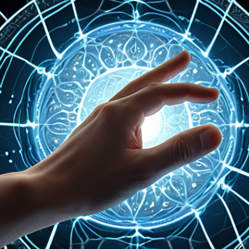 A human hand, a blend of realistic and ethereal, gesturing over a swirling, luminous digital interface. From this interface, intricate and fantastical art forms emerge as if willed into existence by thought and prompts. The background features subtle, complex network or algorithmic patterns, representing the AI's "mind." The scene visualizes the symbiosis of human vision and algorithmic creation, blurring the lines of traditional authorship. A sense of wonder and intellectual curiosity, conceptual and high resolution.