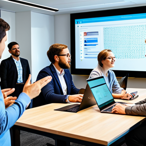 A diverse group of professional individuals, fully clothed in modest business attire, are actively collaborating in a bright, modern open-plan office. They are gathered around large screens displaying intricate code and shared digital documents, pointing and discussing with engaged expressions. The atmosphere is vibrant and collaborative, emphasizing community and knowledge sharing for digital commons. The image features perfect anatomy, correct proportions, well-formed hands, natural body proportions, and a natural pose. High-quality professional photography, appropriate content, safe for work, family-friendly.