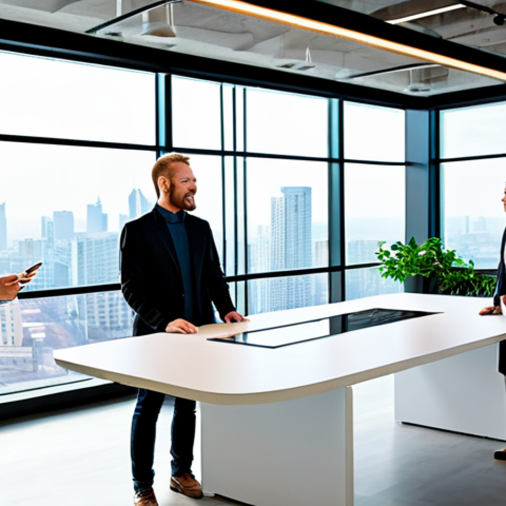 A diverse group of four professionals, two men and two women, actively collaborating around a large interactive digital display table in a bright, modern co-working space. They are dressed in modest business casual attire. The background features large windows looking out onto a vibrant, blurred city skyline, symbolizing global connectivity, with potted plants and ergonomic furniture adding to a collaborative, innovative atmosphere. Professional photography, sharp focus, perfect anatomy, correct proportions, natural pose, well-formed hands, proper finger count, natural body proportions, high-quality, appropriate content, safe for work, fully clothed, family-friendly, professional.