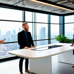 A diverse group of four professionals, two men and two women, actively collaborating around a large interactive digital display table in a bright, modern co-working space. They are dressed in modest business casual attire. The background features large windows looking out onto a vibrant, blurred city skyline, symbolizing global connectivity, with potted plants and ergonomic furniture adding to a collaborative, innovative atmosphere. Professional photography, sharp focus, perfect anatomy, correct proportions, natural pose, well-formed hands, proper finger count, natural body proportions, high-quality, appropriate content, safe for work, fully clothed, family-friendly, professional.