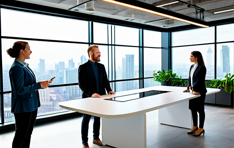 A diverse group of four professionals, two men and two women, actively collaborating around a large interactive digital display table in a bright, modern co-working space. They are dressed in modest business casual attire. The background features large windows looking out onto a vibrant, blurred city skyline, symbolizing global connectivity, with potted plants and ergonomic furniture adding to a collaborative, innovative atmosphere. Professional photography, sharp focus, perfect anatomy, correct proportions, natural pose, well-formed hands, proper finger count, natural body proportions, high-quality, appropriate content, safe for work, fully clothed, family-friendly, professional.