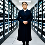 A dedicated professional archivist, fully clothed in modest, professional business attire, stands thoughtfully within a cutting-edge digital archive facility. The background features rows of secure server racks, glowing data visualization screens displaying ancient and modern digital files, and illuminated archival storage units. The scene emphasizes the careful preservation of collective digital heritage, highlighting the delicate balance between historical data and future accessibility. Professional photography, perfect anatomy, correct proportions, natural pose, well-formed hands, proper finger count, natural body proportions, safe for work, appropriate content, family-friendly, high quality, studio lighting.