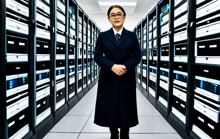 A dedicated professional archivist, fully clothed in modest, professional business attire, stands thoughtfully within a cutting-edge digital archive facility. The background features rows of secure server racks, glowing data visualization screens displaying ancient and modern digital files, and illuminated archival storage units. The scene emphasizes the careful preservation of collective digital heritage, highlighting the delicate balance between historical data and future accessibility. Professional photography, perfect anatomy, correct proportions, natural pose, well-formed hands, proper finger count, natural body proportions, safe for work, appropriate content, family-friendly, high quality, studio lighting.