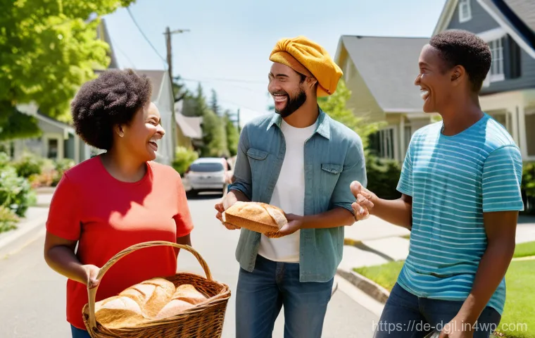 디지털 공유지의 공유 플랫폼 비교 - **A vibrant, diverse group of neighbors, casually dressed, laughing and smiling as they exchange eve...