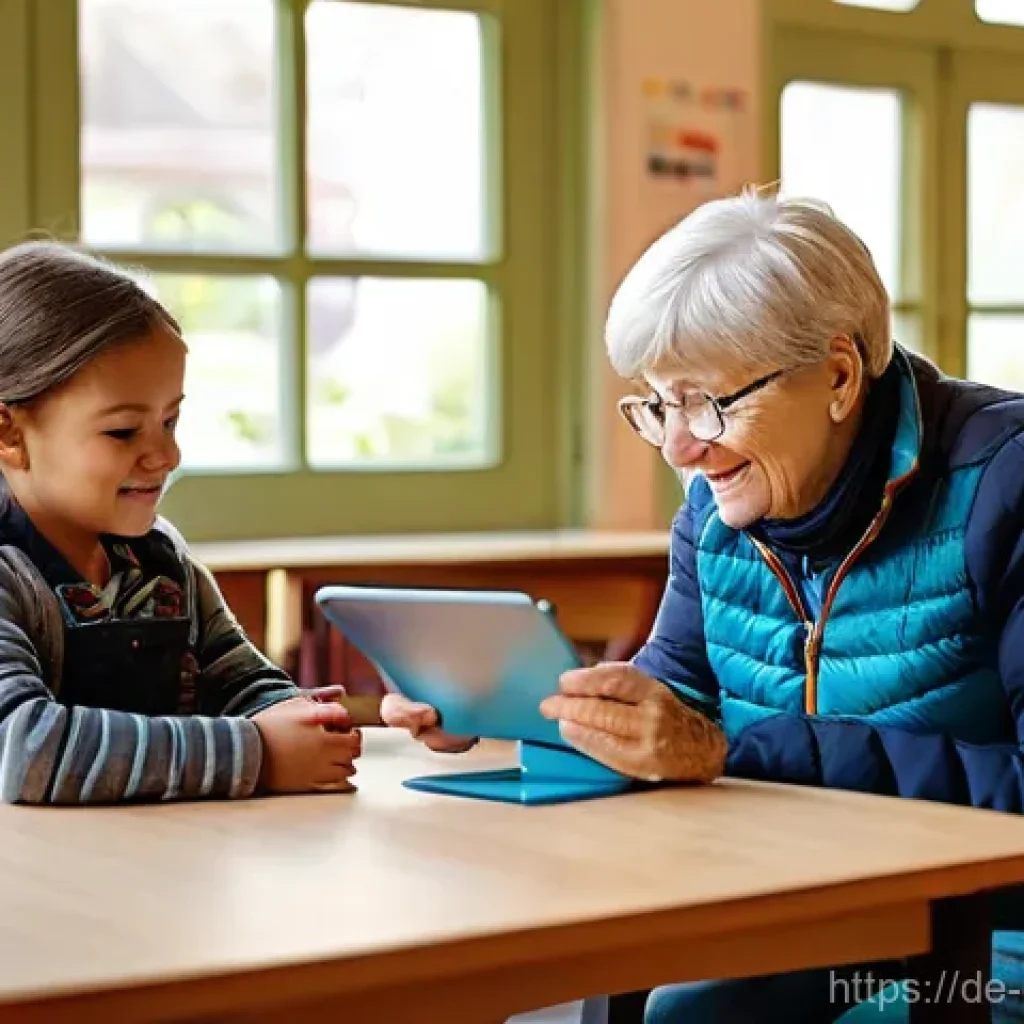 디지털 공유지의 격차 해소 방안 - **Prompt:** A vibrant and bustling community center in a charming German village. Elderly individual...