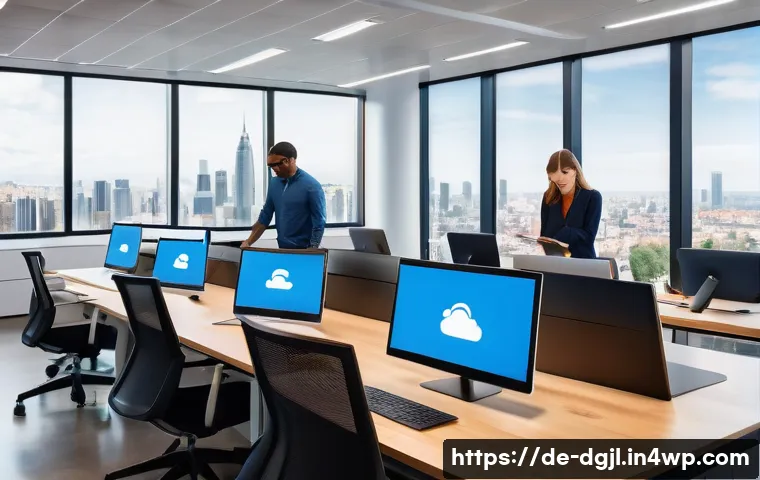디지털 공유지의 도구와 플랫폼 - A modern international office environment showing a diverse team collaborating seamlessly using clou...