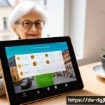 Home 22 디지털 공유지와 지역사회 발전 - A vibrant digital neighborhood platform interface displayed on a modern tablet held by an elderly Ge...