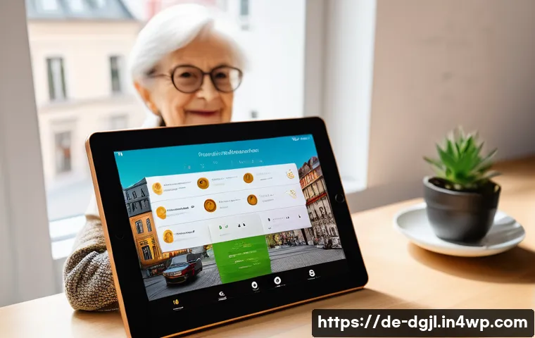 디지털 공유지와 지역사회 발전 - A vibrant digital neighborhood platform interface displayed on a modern tablet held by an elderly Ge...