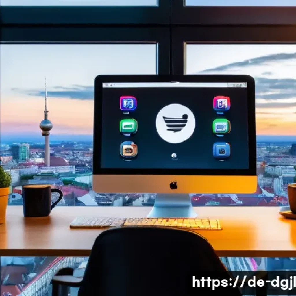 디지털 공유지의 저작권 문제 - A modern digital workspace showing a young German content creator sitting at a sleek desk with dual ...