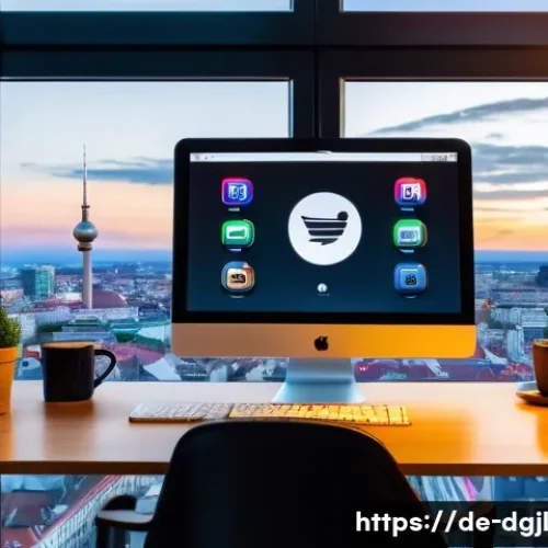 Home 33 디지털 공유지의 저작권 문제 - A modern digital workspace showing a young German content creator sitting at a sleek desk with dual ...