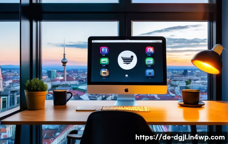 디지털 공유지의 저작권 문제 - A modern digital workspace showing a young German content creator sitting at a sleek desk with dual ...