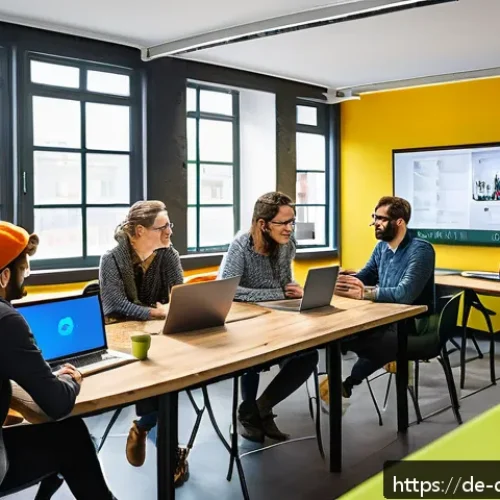 Home 31 디지털 공유지와 시민의 역할 - A diverse group of adults collaborating in a modern coworking space, using laptops and tablets with ...