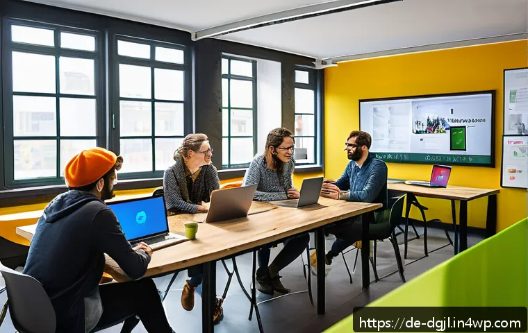 디지털 공유지와 시민의 역할 - A diverse group of adults collaborating in a modern coworking space, using laptops and tablets with ...