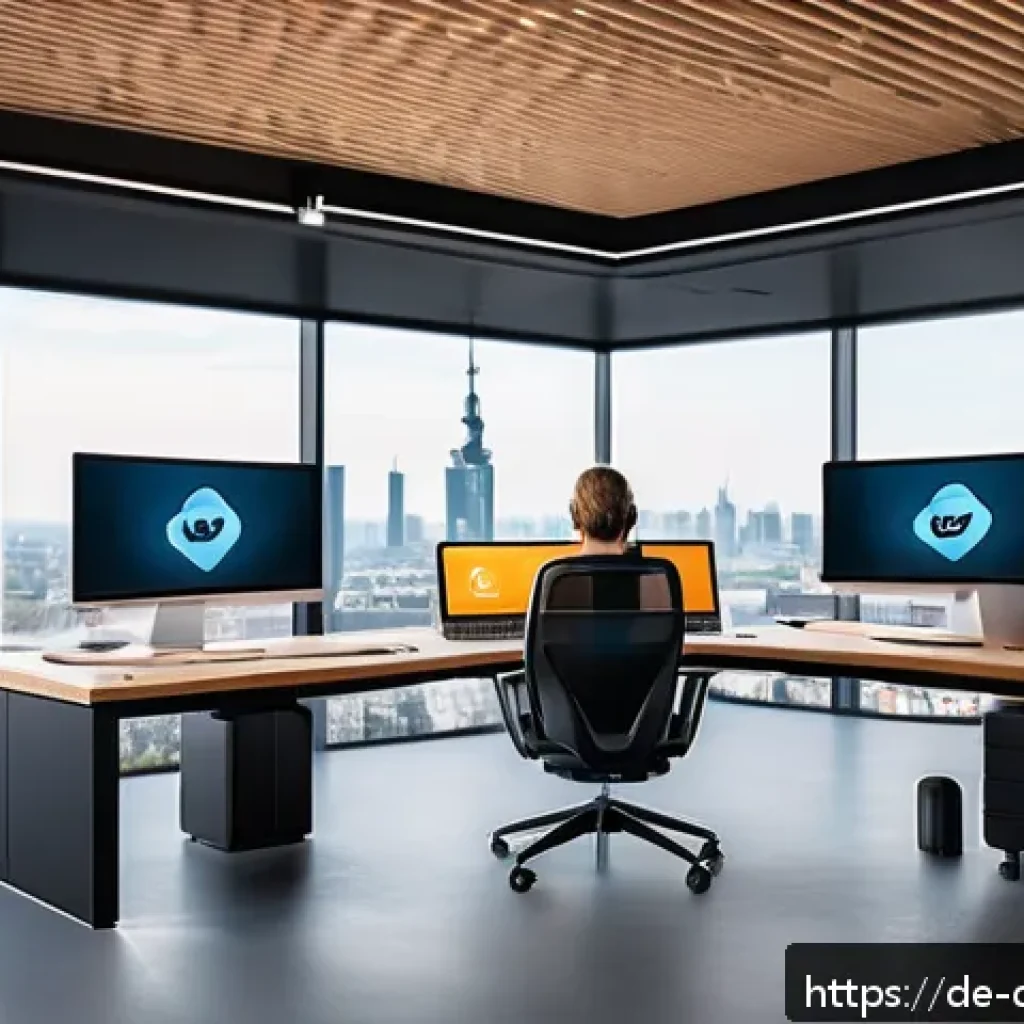 디지털 공유지와 데이터 주권 - A modern digital workspace scene featuring a professional German user sitting at a sleek desk with m...