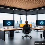 Home 18 디지털 공유지와 데이터 주권 - A modern digital workspace scene featuring a professional German user sitting at a sleek desk with m...