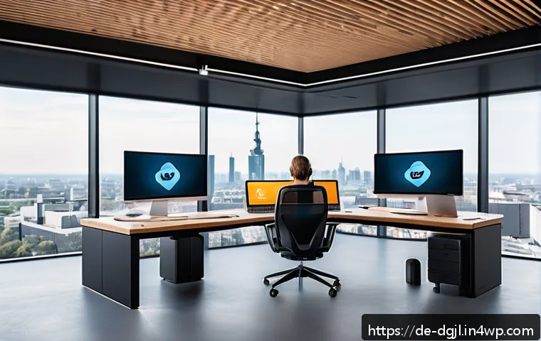 디지털 공유지와 데이터 주권 - A modern digital workspace scene featuring a professional German user sitting at a sleek desk with m...
