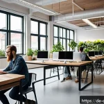 Home 23 디지털 공유지의 사회적 책임 - A modern digital community workspace in a German city, featuring diverse people collaborating around...