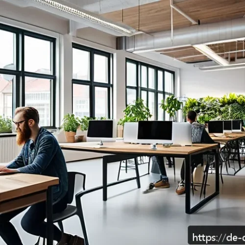 Home 17 디지털 공유지의 사회적 책임 - A modern digital community workspace in a German city, featuring diverse people collaborating around...