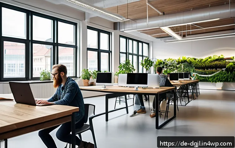 디지털 공유지의 사회적 책임 - A modern digital community workspace in a German city, featuring diverse people collaborating around...