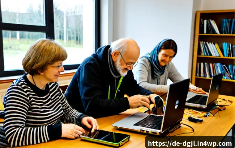 디지털 공유지에서의 혁신적 사례 - Photorealistic community innovation workshop in a modern German municipal library, diverse adults an...