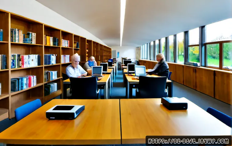 디지털 공유지의 철학적 기초 - Photorealistic wide-angle scene of a bright modern public library in Germany, diverse adults and sen...