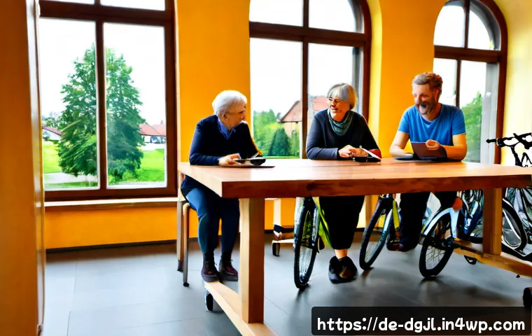 디지털 공유지의 온 오프라인 통합 - Photorealistic German neighborhood library community hub, diverse adults and seniors sharing a large...