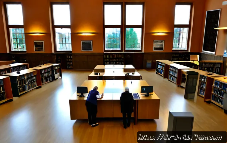 Home 17 디지털 공유지의 사회적 자원 활용 - Photorealistic wide-angle scene of a modern German public library digital commons, diverse adults an...