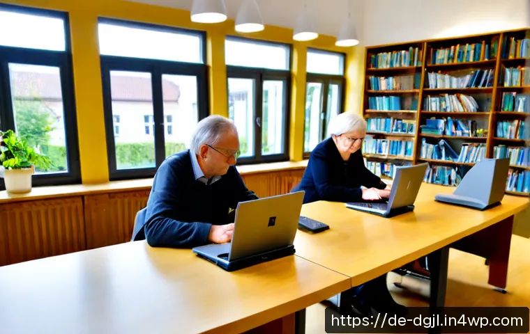 디지털 공유지의 활용 방안 - Photorealistic scene of a welcoming public library in Germany, diverse adults and seniors using shar...